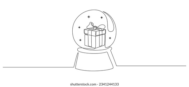 One continuous line drawing of Christmas crystal snow globe with gift box. Magic glass ball for winter xmas holiday concept in simple linear style. Editable stroke. Doodle vector illustration