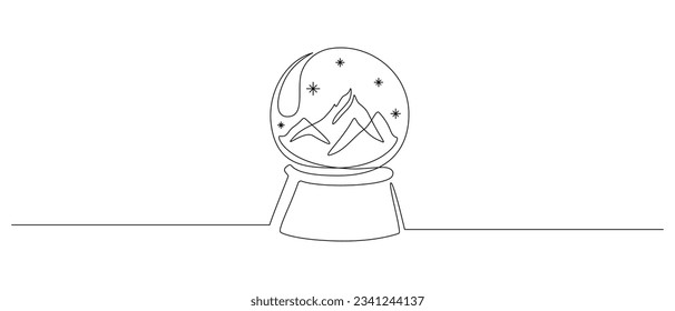 Un dibujo continuo de la nieve de cristal de Navidad con montaña. Balón mágico de vidrio para vacaciones de invierno en estilo lineal simple. Trazo editable. Ilustración del vector Doodle