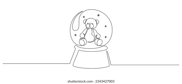 Un continuo dibujo de líneas de la nieve de cristal de Navidad con juguete de oso de peluche. Balón mágico de vidrio para vacaciones de invierno en estilo lineal simple. Trazo editable. Ilustración del vector Doodle