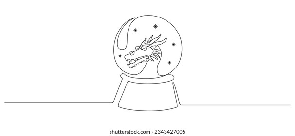 Eine kontinuierliche Zeichnung der Schneekugel aus Weihnachtskristall mit Drachen. Magische Glaskugel für Winterurlaub-Konzept in einfachem linearen Stil. Bearbeitbarer Strich. Doodle-Vektorgrafik