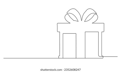 One Continuous line drawing of Christmas Present box with ribbon and bow. Festive present and Wrapped surprise package in simple linear style. Doodle vector illustration