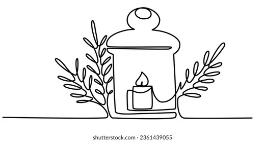 One continuous line drawing of Christmas candle holder. Christmas lantern in silhouette on a white background in simple linear style. Editable stroke. Doodle outline vector illustration