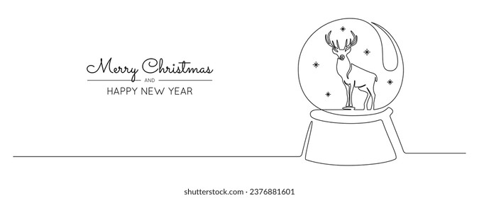 Un dibujo de línea continua de la nieve navideña con reno. Balón mágico de vidrio para vacaciones de invierno en estilo lineal simple. Golpe editable de tarjeta de felicitación. Ilustración del vector Doodle