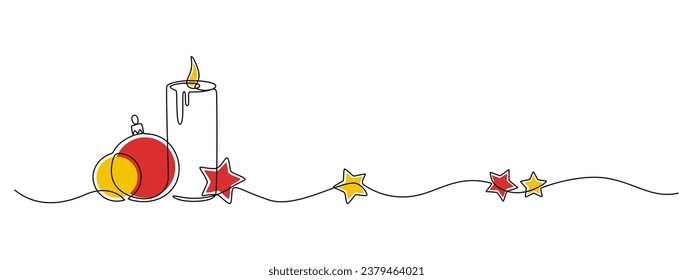 One continuous line drawing of Christmas card border. Festive candle, ball and stars for winter xmas holiday concept in simple linear style. Black editable stroke. Doodle vector illustration