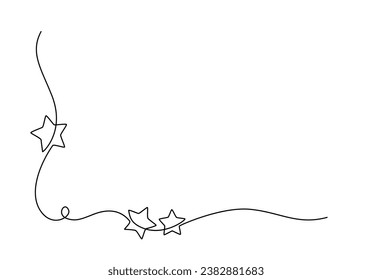 One continuous line drawing of Christmas frame and border with stars. Festive break line with flourish pattern in simple linear style. Doodle contour vector illustration