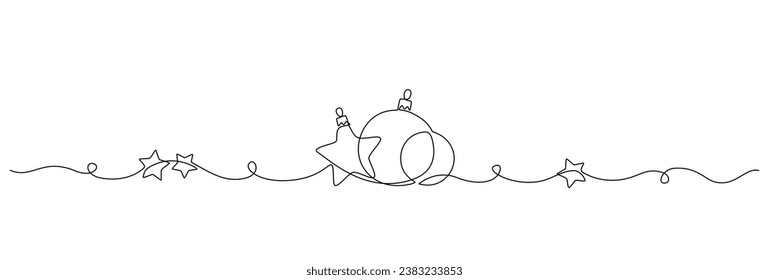 One continuous line drawing of Christmas greeting card. Festive balls and baubles and stars for winter holiday card in simple linear style. Xmas decor in editable stroke. Doodle vector illustration