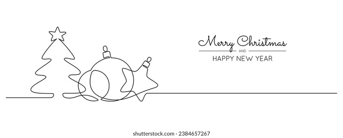 One continuous line drawing of Christmas greeting card. Festive balls and christmas tree with star for winter banner in simple linear style. Xmas decor in editable stroke. Doodle vector illustration