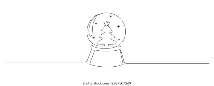 Un dibujo de línea continua de la nieve de cristal de Navidad con árbol de navidad. Balón de vidrio mágico para vacaciones de invierno en un estilo lineal simple. Trazo editable. Ilustración del vector Doodle