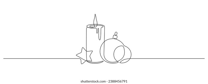 One continuous line drawing of Christmas greeting card. Festive balls and baubles and stars for winter holiday card in simple linear style. Xmas decor in editable stroke. Doodle vector illustration