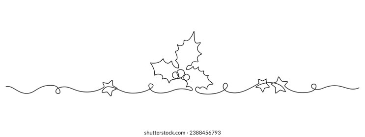 One continuous line drawing of Christmas holly. Festive greeting card and banner with mistletoe design in simple linear style. Editable stroke. Doodle outline vector illustration