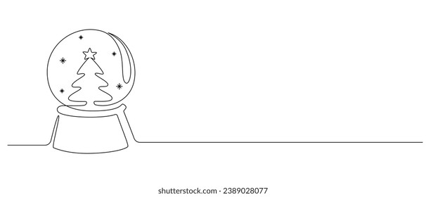 Un dibujo de línea continua de la nieve de cristal de Navidad con árbol de navidad. Balón de vidrio mágico para vacaciones de invierno en un estilo lineal simple. Trazo editable. Ilustración del vector Doodle