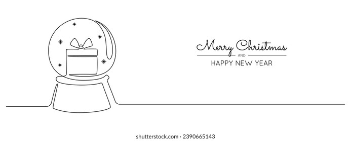 One continuous line drawing of Christmas snow globe with gift box inside. Magic glass ball for winter xmas holiday concept in simple linear style. Editable stroke. Doodle vector illustration