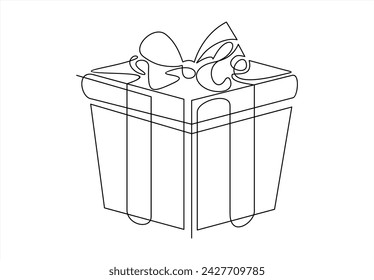 One Continuous line drawing of Christmas Present box with ribbon and bow. Festive present and Wrapped surprise package in simple linear style. Doodle vector illustration