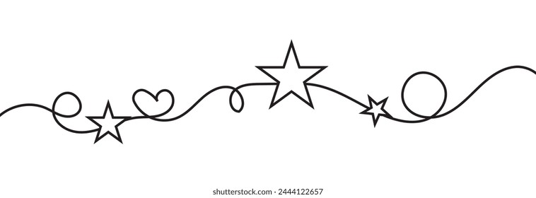 One continuous line drawing of Christmas frame and border with stars. Festive break line with flourish pattern in simple linear style. Doodle outline vector file.  vector illustration.