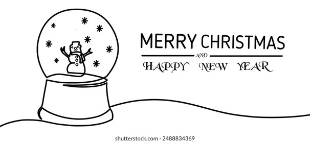 Una línea continua de dibujo de Navidades de cristal bola de nieve con árbol de navidad. Bola de cristal mágica para el concepto de vacaciones de Navidad de invierno en estilo lineal simple. Trazo editable. estilo lineal simple