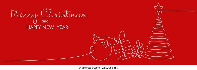 One continuous line drawing of Christmas tree toy and present box. New Year greeting card and minimalist web banner on red background