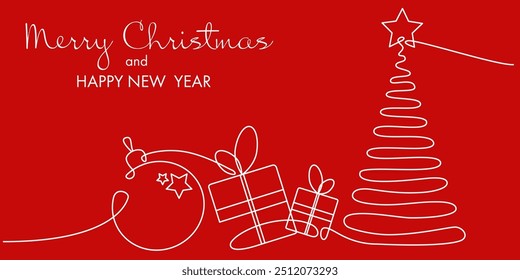 One continuous line drawing of Christmas tree toy and present box. New Year greeting card and minimalist web banner on red background