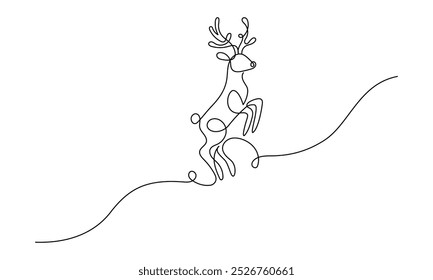 Um desenho de linha contínua de renas de Natal. Veado selvagem animal com galhadas é silhueta dinâmica em estilo linear simples. Traço editável do logotipo de elegância. Desenhado à mão Doodle ilustração vetorial