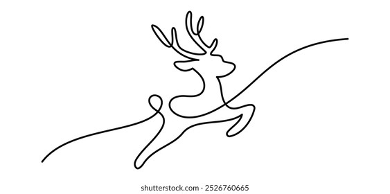 One continuous line drawing of christmas reindeer. Wild animal deer with antlers is dynamic silhouette in simple linear style. Elegance logo editable stroke. Doodle vector illustration