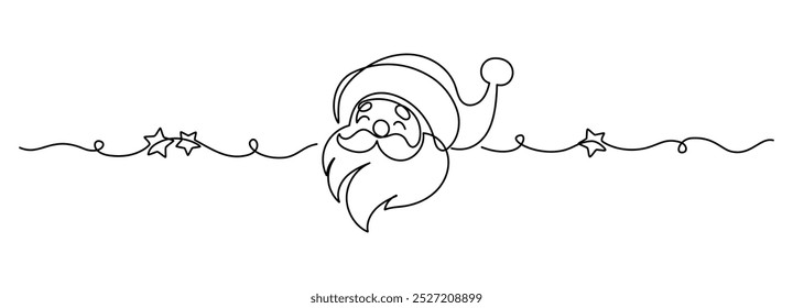 One continuous line drawing of christmas with Santa Claus face. Head happy Nicolas with red hat in simple linear style. Elegance logo editable stroke. Doodle border vector illustration