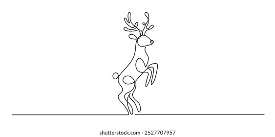 One continuous line drawing of christmas reindeer. Wild animal deer with antlers is dynamic silhouette in simple linear style. Elegance logo editable stroke. Doodle contour vector illustration