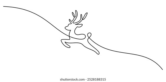 One continuous line drawing of christmas reindeer. Wild animal deer with antlers is dynamic silhouette in simple linear style. Elegance logo editable stroke. Doodle monoline vector illustration