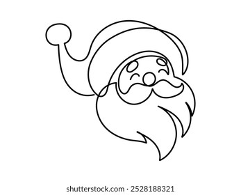 One continuous line drawing of christmas with Santa Claus face. Head happy Nicolas with red hat in simple linear style. Elegance logo editable stroke. Doodle vector illustration