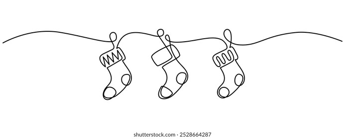 One continuous line drawing of Christmas socks. Festive garland for xmas banner in simple linear style. Elegance logo editable stroke. Doodle vector illustration