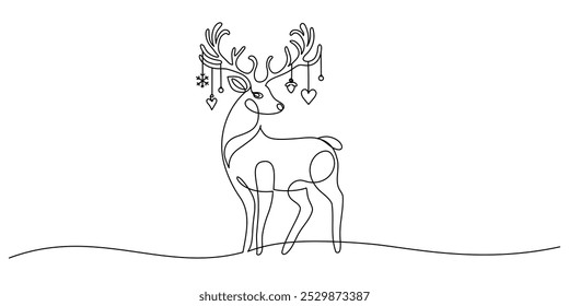 One continuous line drawing of christmas reindeer. Wild animal deer with antlers is dynamic silhouette in simple linear style. Elegance logo editable stroke. Doodle cute vector illustration