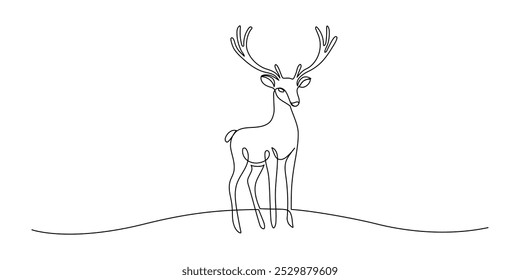 One continuous line drawing of christmas reindeer. Wild animal deer with antlers is dynamic silhouette in simple linear style. Elegance logo editable stroke. Doodle monoline vector illustration