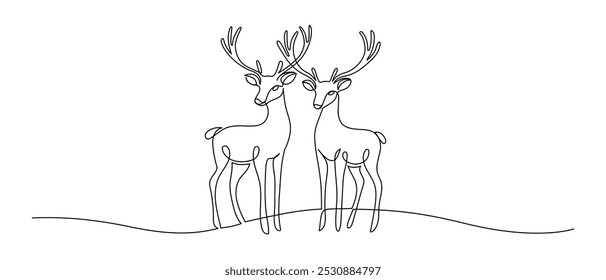 Um desenho de linha contínua de renas de Natal. Veado selvagem animal com galhadas é silhueta dinâmica em estilo linear simples. Traço editável do logotipo de elegância. Ilustração de vetor monolina Doodle