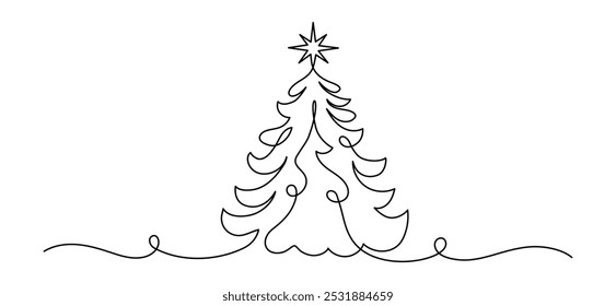 Un dibujo de línea continua de árbol de Navidad con estrella en la parte superior. Planta de pino festivo en estilo lineal simple. Trazo editable. Ilustración vectorial Doodle monoline