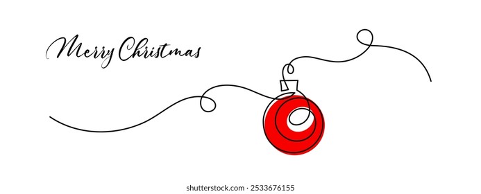 Un dibujo de línea continua de la bola de Navidad. Adorno festivo del árbol de navidad con la cinta en estilo lineal simple. Trazo editable. Ilustración vectorial Doodle monoline