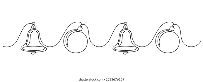 One continuous line drawing of christmas balls and bells. Xmas festive decoration with mistletoe and bow in simple linear style. Seamless border in editable stroke. Doodle vector illustration