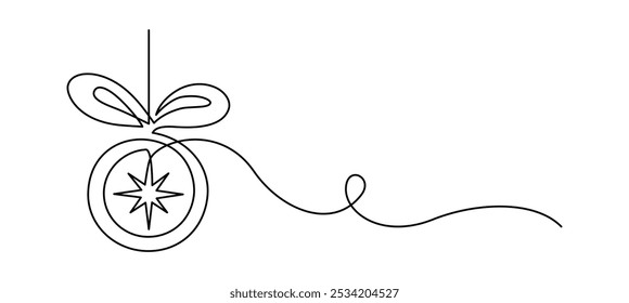 Eine durchgehende Linie Zeichnung der Weihnachtskugel. Festliche Weihnachtsbaumkugel mit Band im einfachen linearen Stil. Bearbeitbarer Strich. Doodle-Kontur, Vektorgrafik
