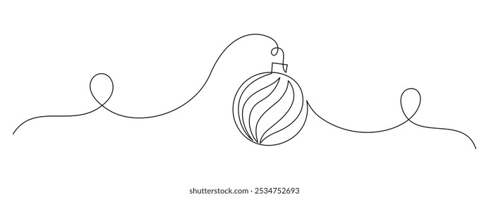 Um desenho de linha contínua da bola de Natal. Baile de árvore de Natal festivo com fita em estilo linear simples. Traçado editável. Desenhar a ilustração do vetor 'oneline'