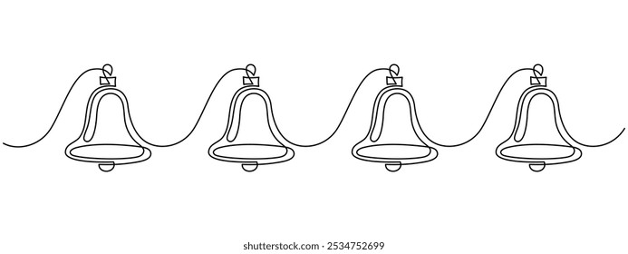 One continuous line drawing of christmas bells. Xmas festive decoration with mistletoe and bow in simple linear style. Elegance logo editable stroke. Doodle monoline vector illustration