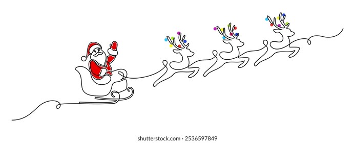 One continuous line drawing of christmas reindeer and Santa Claus. Wild animal deer with antlers is dynamic silhouette in simple linear style. Elegance editable stroke. Doodle vector illustration