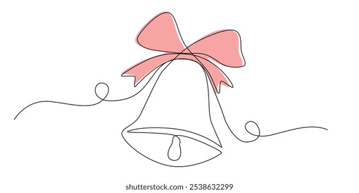 One continuous line drawing of christmas bells. Xmas festive decoration with mistletoe and bow in simple linear style. Elegance logo editable stroke. Doodle monoline vector illustration