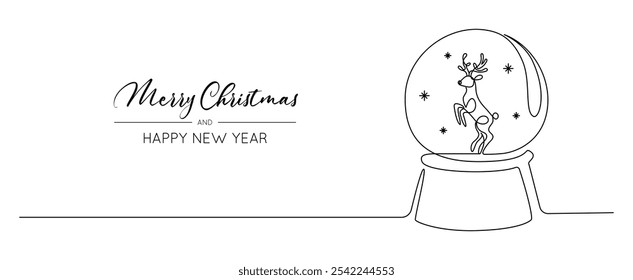One continuous line drawing of Christmas snow globe with reindeer. Magic glass ball for winter xmas holiday concept in simple linear style. Editable stroke. Doodle vector illustration