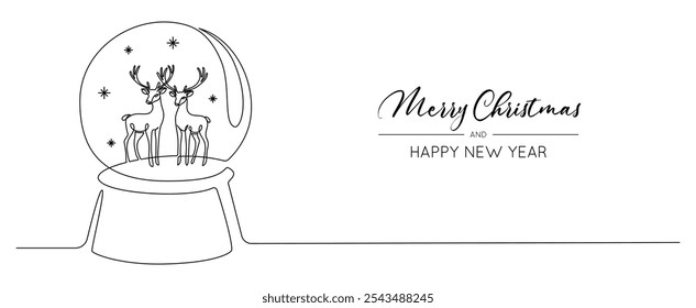 One continuous line drawing of Christmas snow globe with reindeer. Magic glass ball for winter xmas holiday concept in simple linear style. Editable stroke. Doodle vector illustration