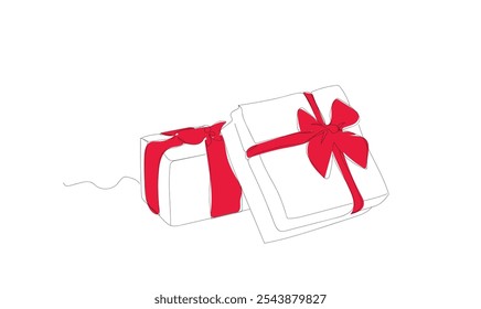 One Continuous line drawing of Christmas Present box with ribbon and bow. Festive present and Wrapped surprise package in simple linear style. Hand made vector not AI