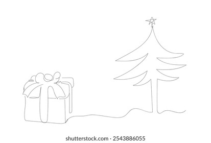 Um desenho de linha contínua da caixa presente de Natal com fita e árvore de natal. Presente festivo e embrulhado pacote surpresa em estilo linear simples. Vetor feito à mão não AI