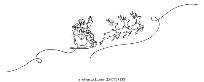 Un dibujo de línea continua de renos de Navidad y Santa Claus. Ciervo animal salvaje con astas es silueta dinámica en estilo lineal simple. Elegancia editable trazo. Ilustración vectorial Doodle