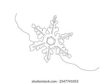 One continuous line drawing of christmas snowflake. Winter and cold flake symbol in simple linear style. Holiday icon with empty space in editable stroke. Hand made vector not AI. 