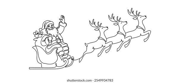 One continuous line drawing of christmas reindeer and Santa Claus. Wild animal deer with antlers is dynamic silhouette in simple linear style. Elegance editable stroke. Doodle vector illustration