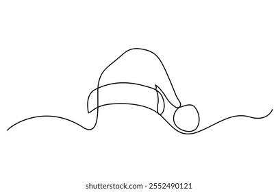 One continuous line drawing of christmas Santa Claus hat, Continuous line drawing of cap of santa. Christmas hat one line icon, Continuous line drawing of santa hat.