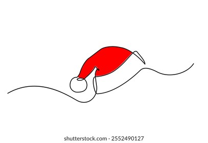 One continuous line drawing of christmas Santa Claus hat, Continuous line drawing of cap of santa. Christmas hat one line icon, Continuous line drawing of santa hat.