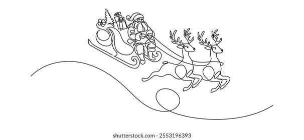 One continuous line drawing of christmas reindeer and Santa Claus. Wild animal deer with antlers is dynamic silhouette in simple linear style. Elegance editable stroke. Doodle vector illustration