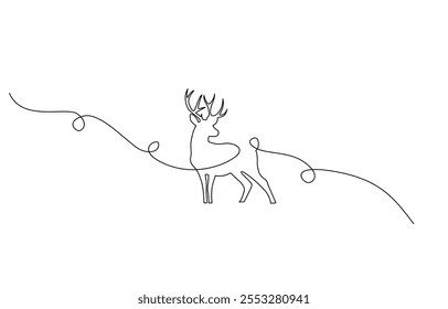 Um desenho de linha contínua de renas de Natal, Um desenho de linha contínua de um veado. Estilo minimalismo desenhado à mão, silhueta de veado de uma linha única no fundo branco.